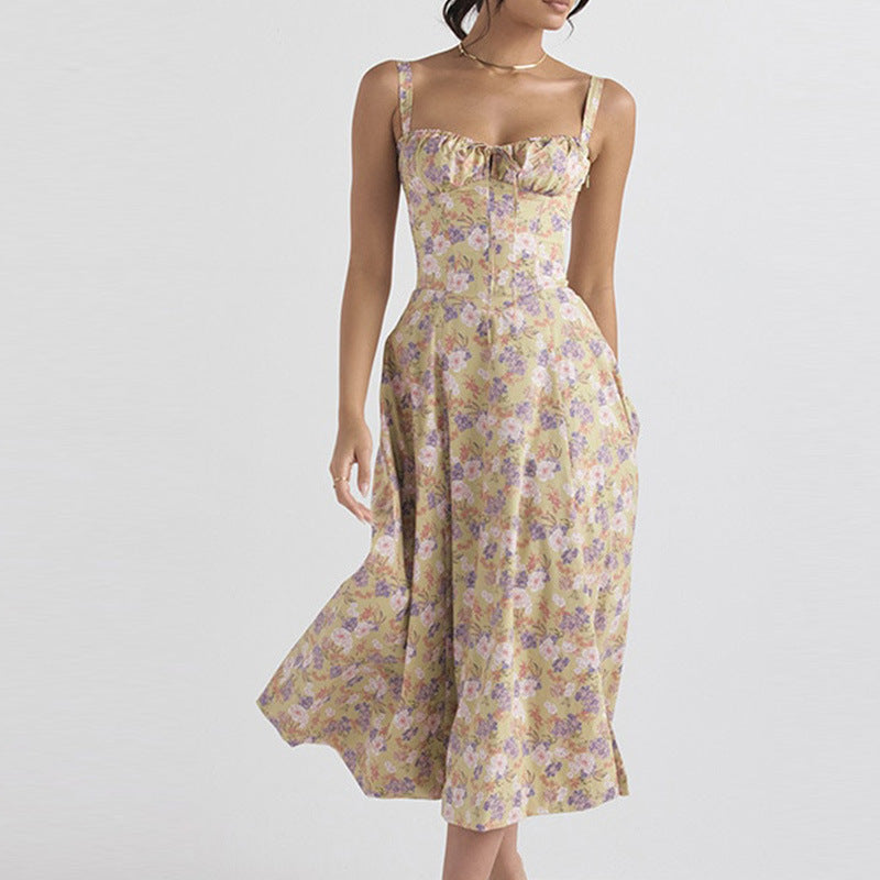 Floral Square Neck Sexy Split Swing Spring Dress Off Shoulder Flower Print Sexy Dress