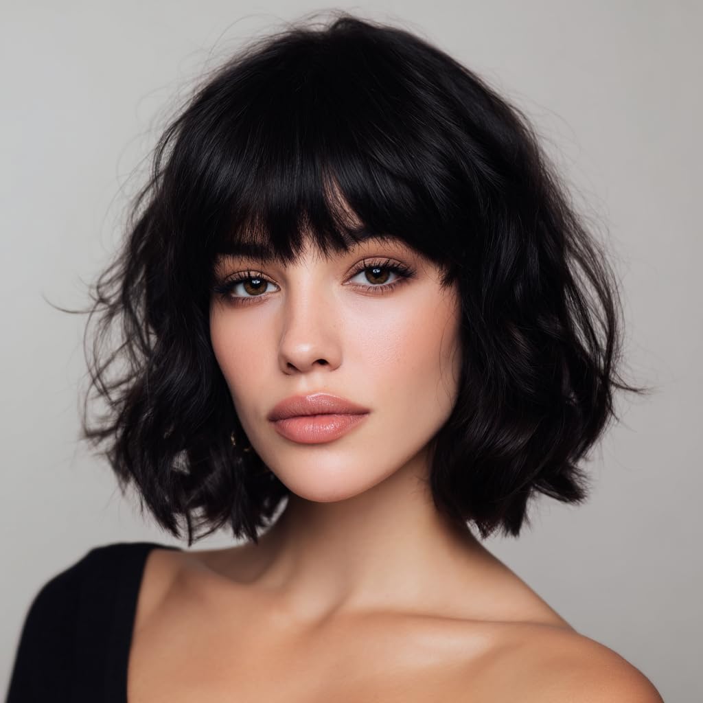 Short Auburn Wigs for Women Dark Ginger Wig with Bangs Wigs Natural Looking Curly Hair Medium Length Synthetic Bob Wig Wavy Colorful Wigs（14 Inches）