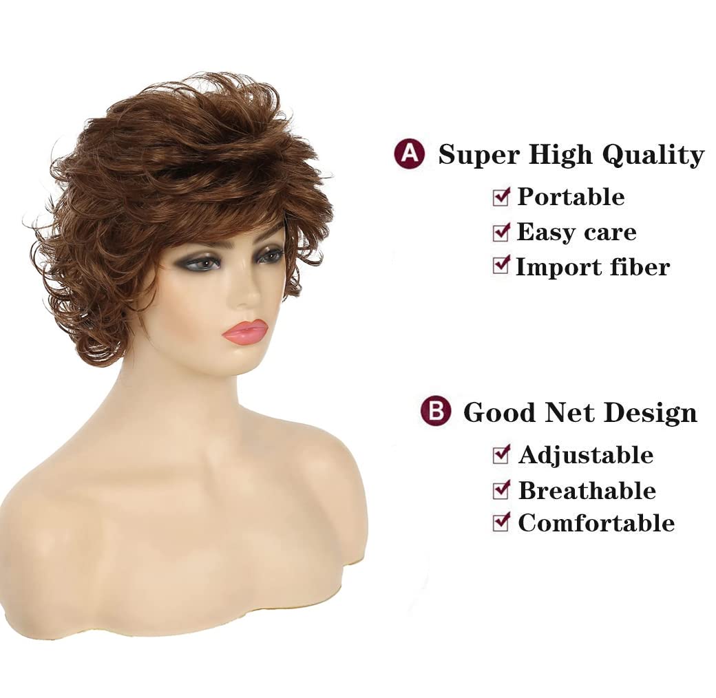 Short Wavy Brown Wigs for Women Fluffy Wavy Layered Wigs Synthetic Heat Resistant Halloween Cosplay Hair Wig with Wig Cap,Auburn Brown