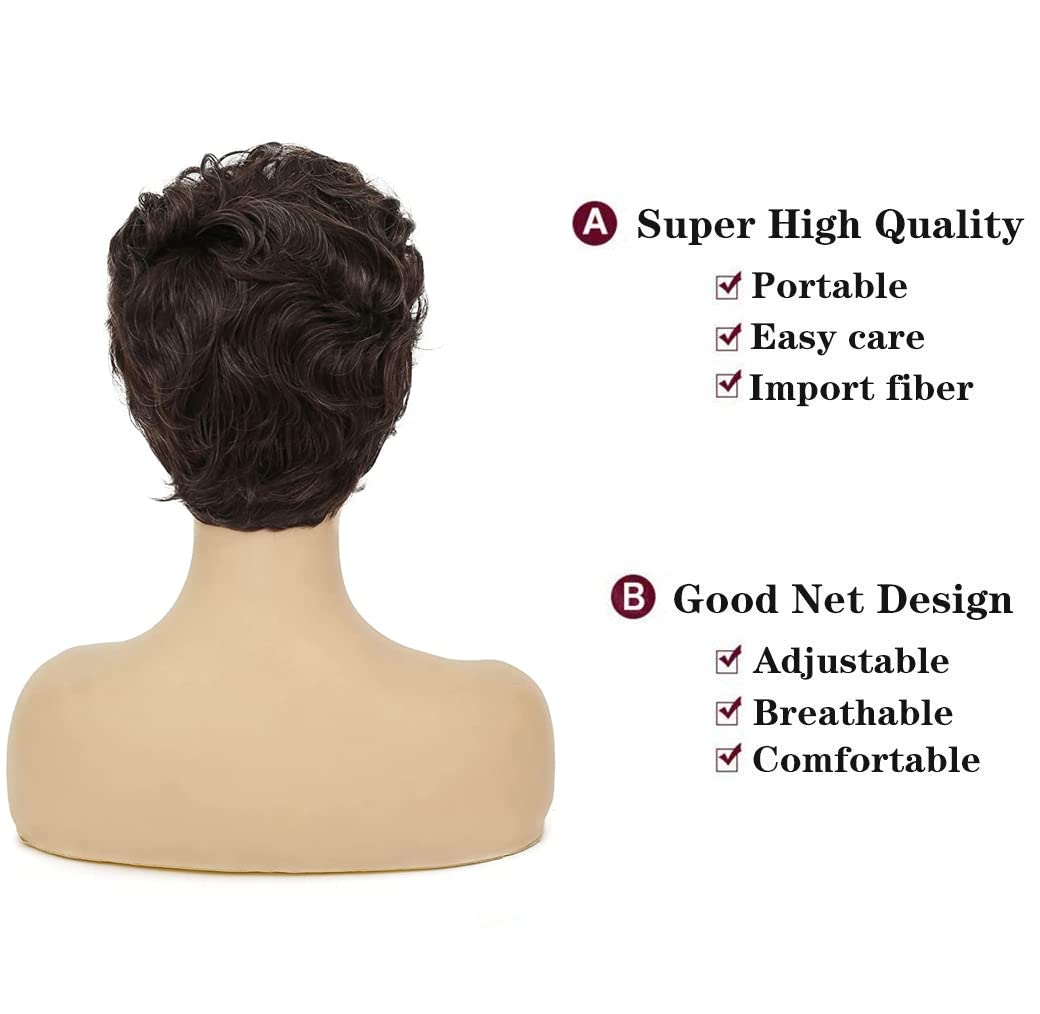 Women Short Pixie Cut Wig Synthetic Layered Cosplay Hair,Brown