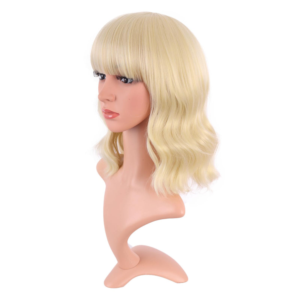 MapofBeauty 14 Inch Short Curly Women Flat Bangs Bob Wig, Black