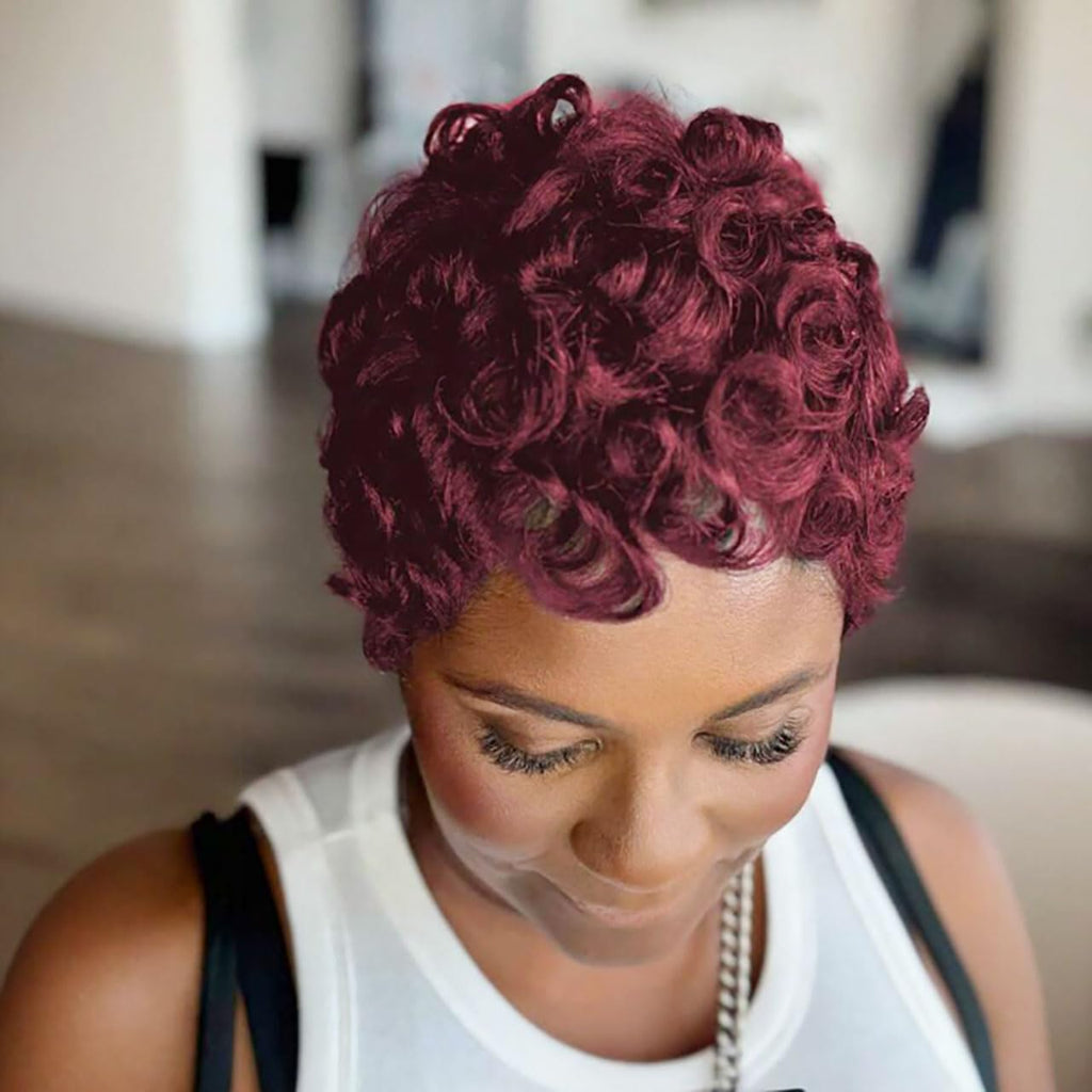 VRZ Pixie Cut Wigs for Black Women Brazilian Curly Pixie Cut Wig Human Hair Glueless Short Layered Wigs With Bangs Natural Black Color No Glue Human Hair Wig for Daily Use