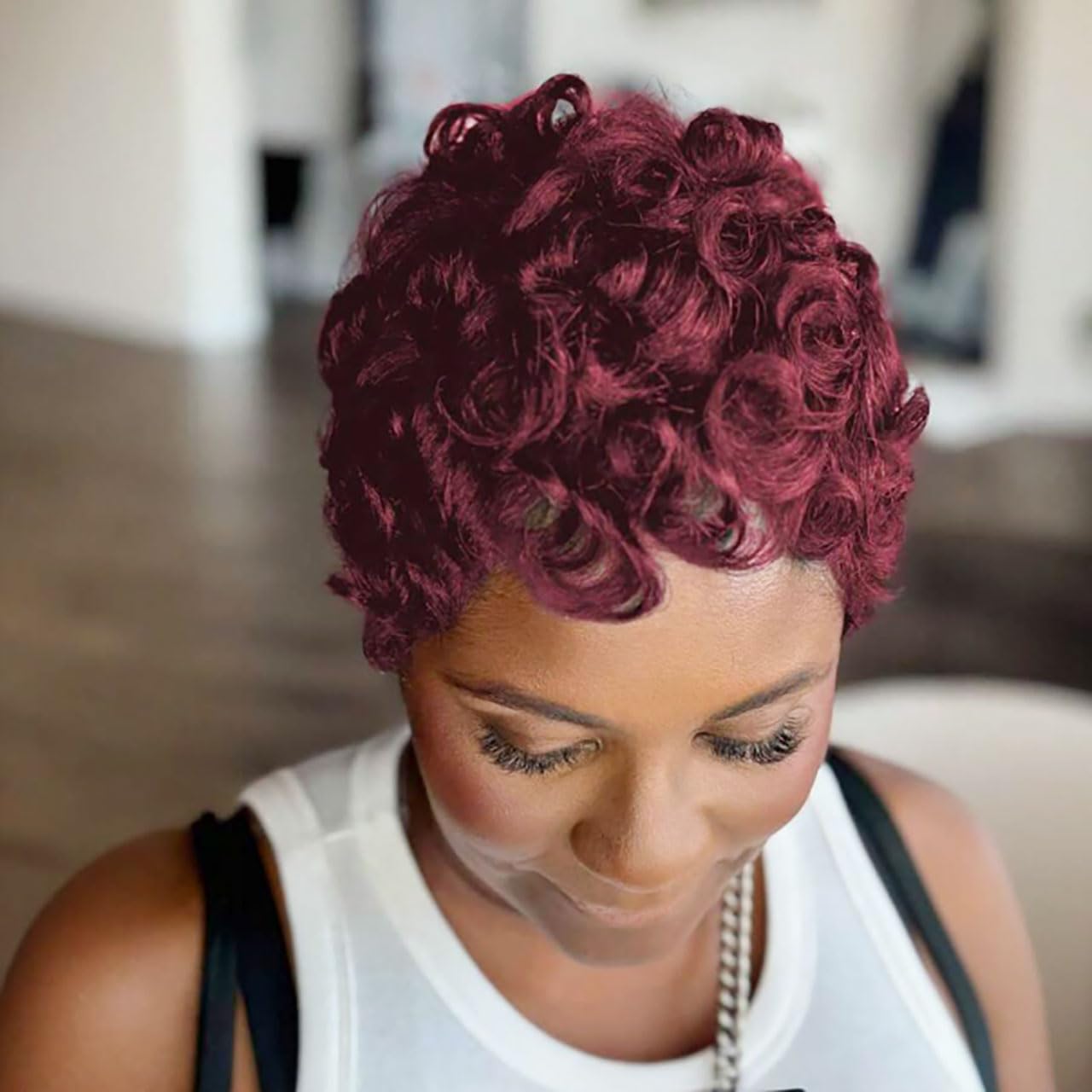 VRZ Pixie Cut Wigs for Black Women Brazilian Curly Pixie Cut Wig Human Hair Glueless Short Layered Wigs With Bangs Natural Black Color No Glue Human Hair Wig for Daily Use