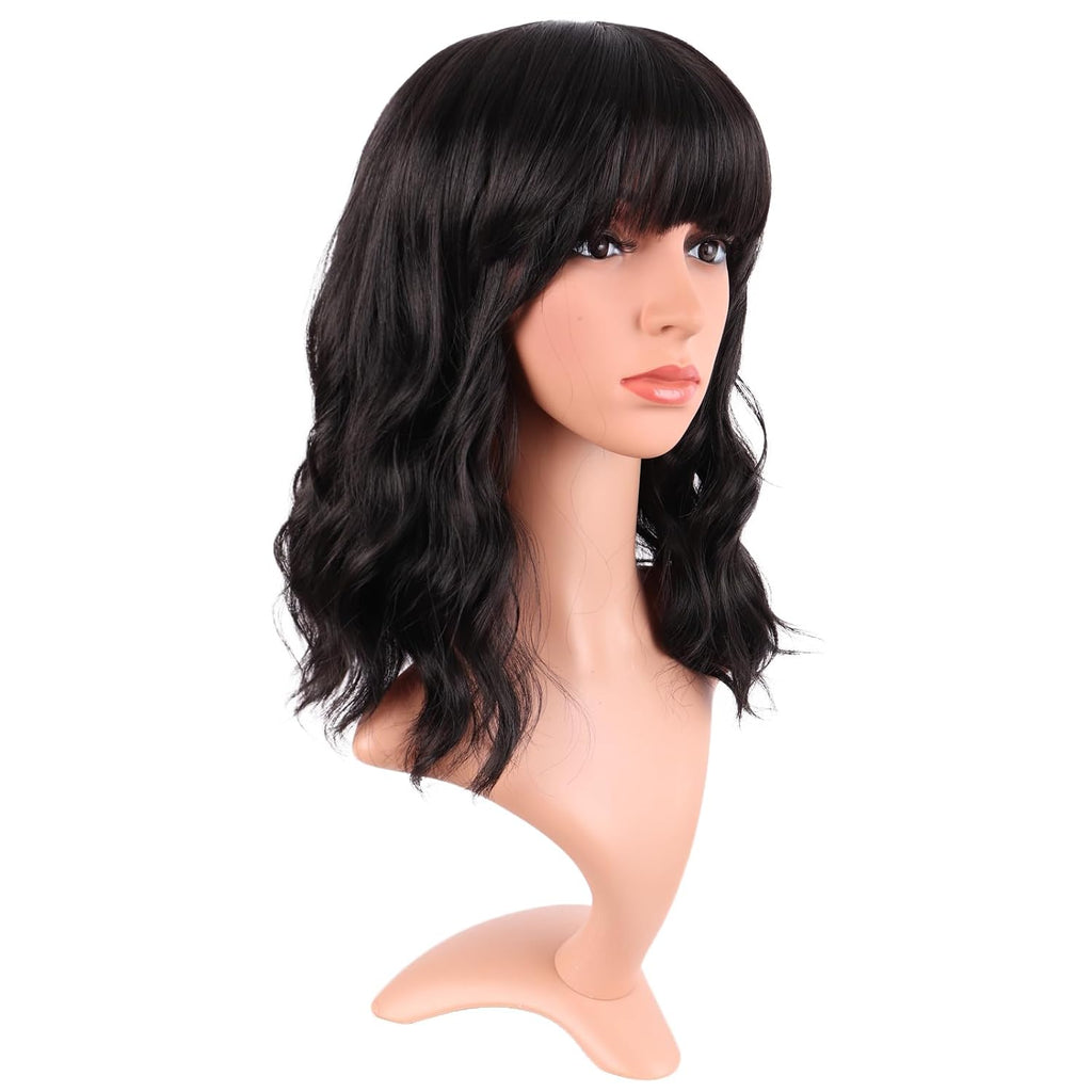 MapofBeauty 14 Inch Short Curly Women Flat Bangs Bob Wig, Black