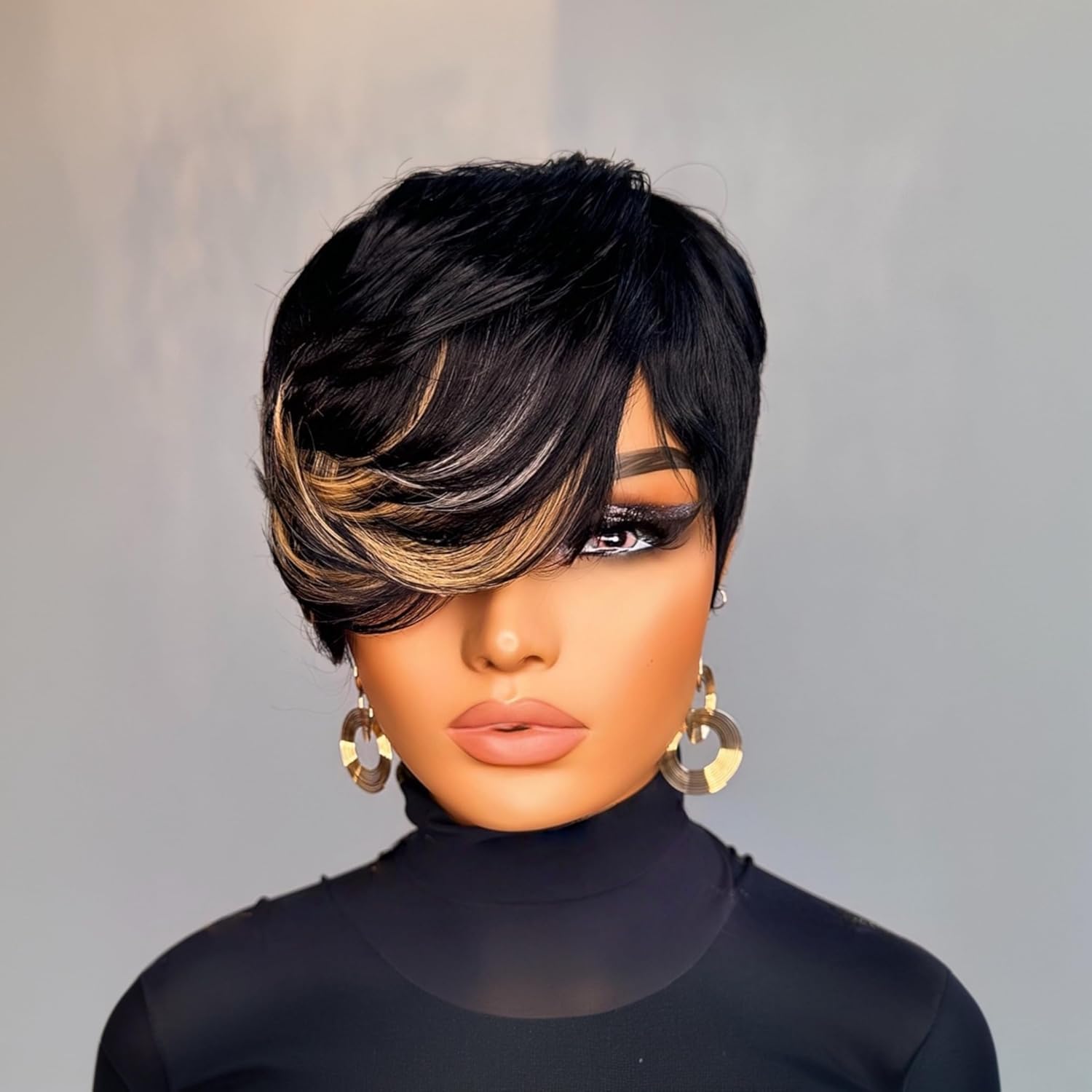 VRZ Pixie Cut Wigs for Black Women Brazilian Curly Pixie Cut Wig Human Hair Glueless Short Layered Wigs With Bangs Natural Black Color No Glue Human Hair Wig for Daily Use