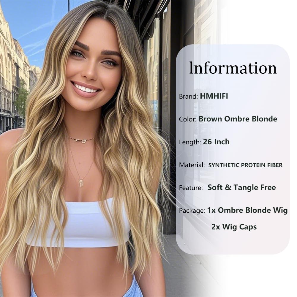 HMHIFI Blonde Wig for Women,26 Inch Long Wavy Curly Middle Part Hair