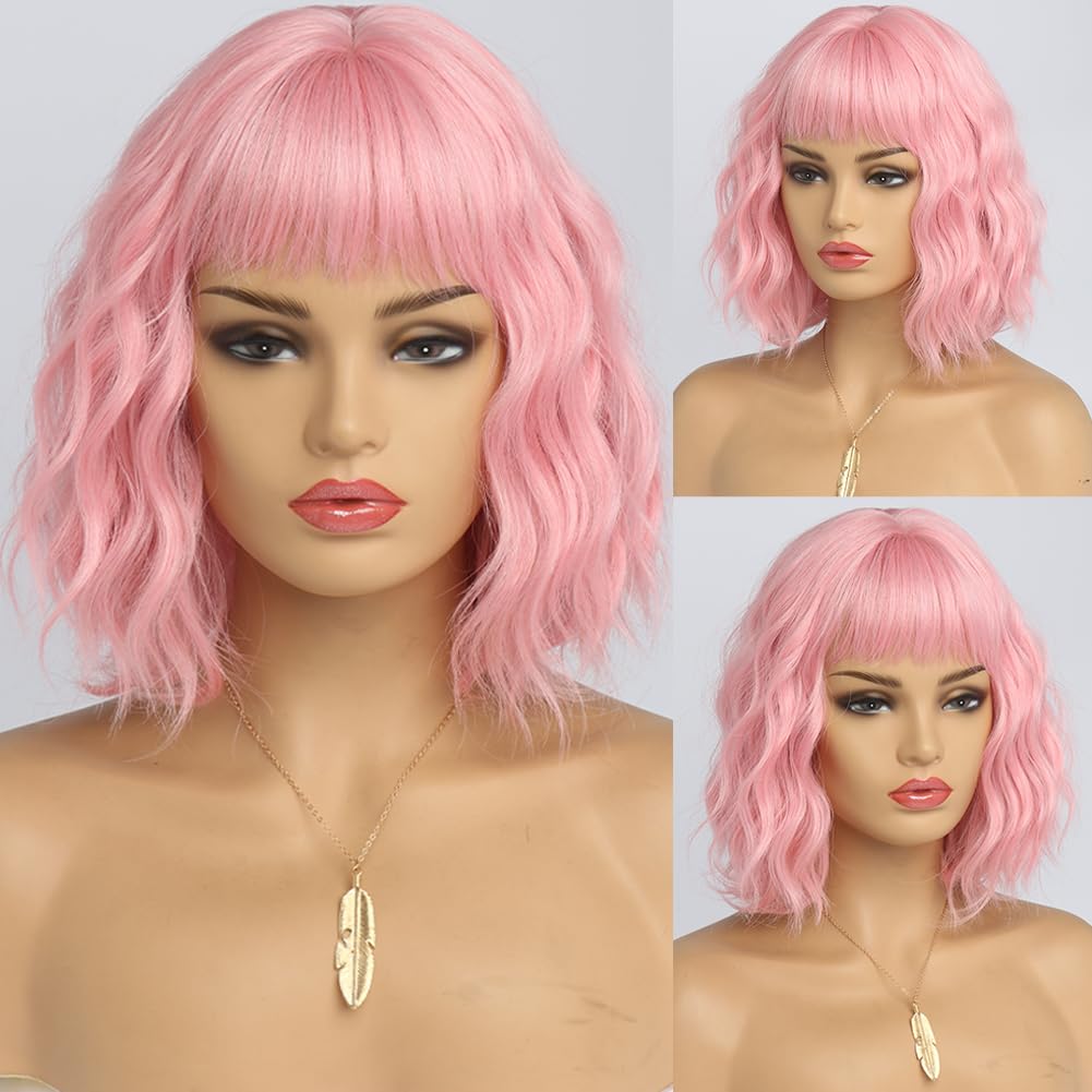 Short Auburn Wigs for Women Dark Ginger Wig with Bangs Wigs Natural Looking Curly Hair Medium Length Synthetic Bob Wig Wavy Colorful Wigs（14 Inches）