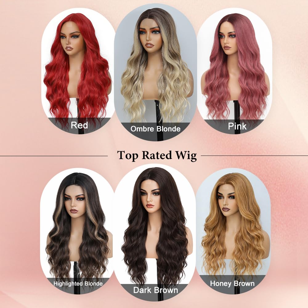 HMHIFI Blonde Wig for Women,26 Inch Long Wavy Curly Middle Part Hair
