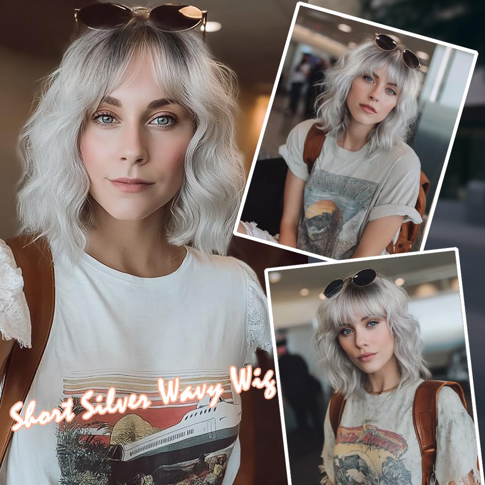 Short Auburn Wigs for Women Dark Ginger Wig with Bangs Wigs Natural Looking Curly Hair Medium Length Synthetic Bob Wig Wavy Colorful Wigs（14 Inches）