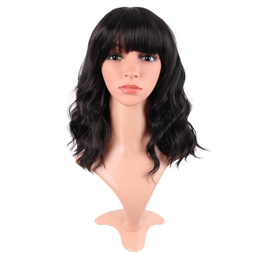 MapofBeauty 14 Inch Short Curly Women Flat Bangs Bob Wig, Black