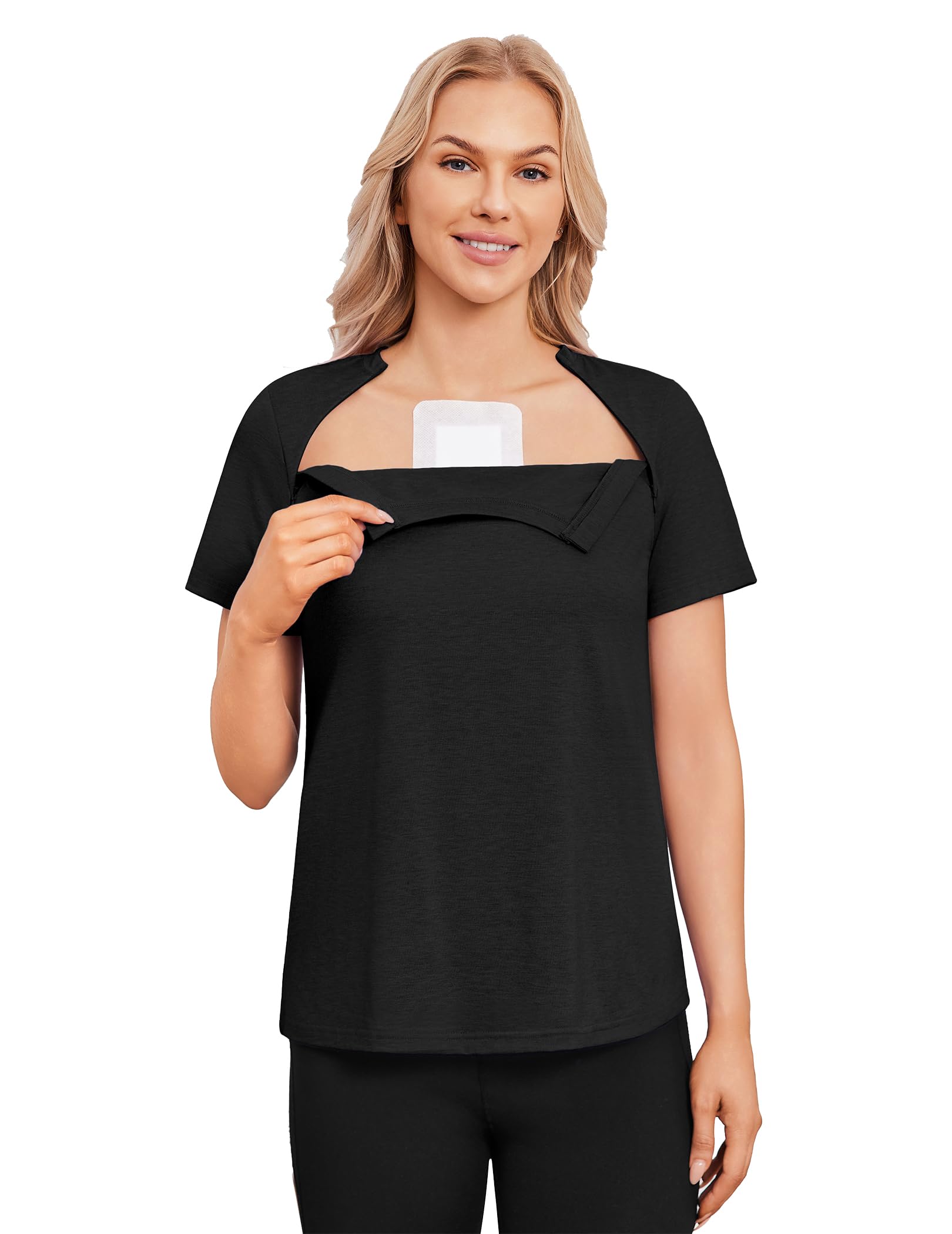 Deyeek Chemo Shirts for Port Access Women with 2 Hidden Side Zippers Post Surgery Short Sleeve Tear Away Adaptive Top Tees