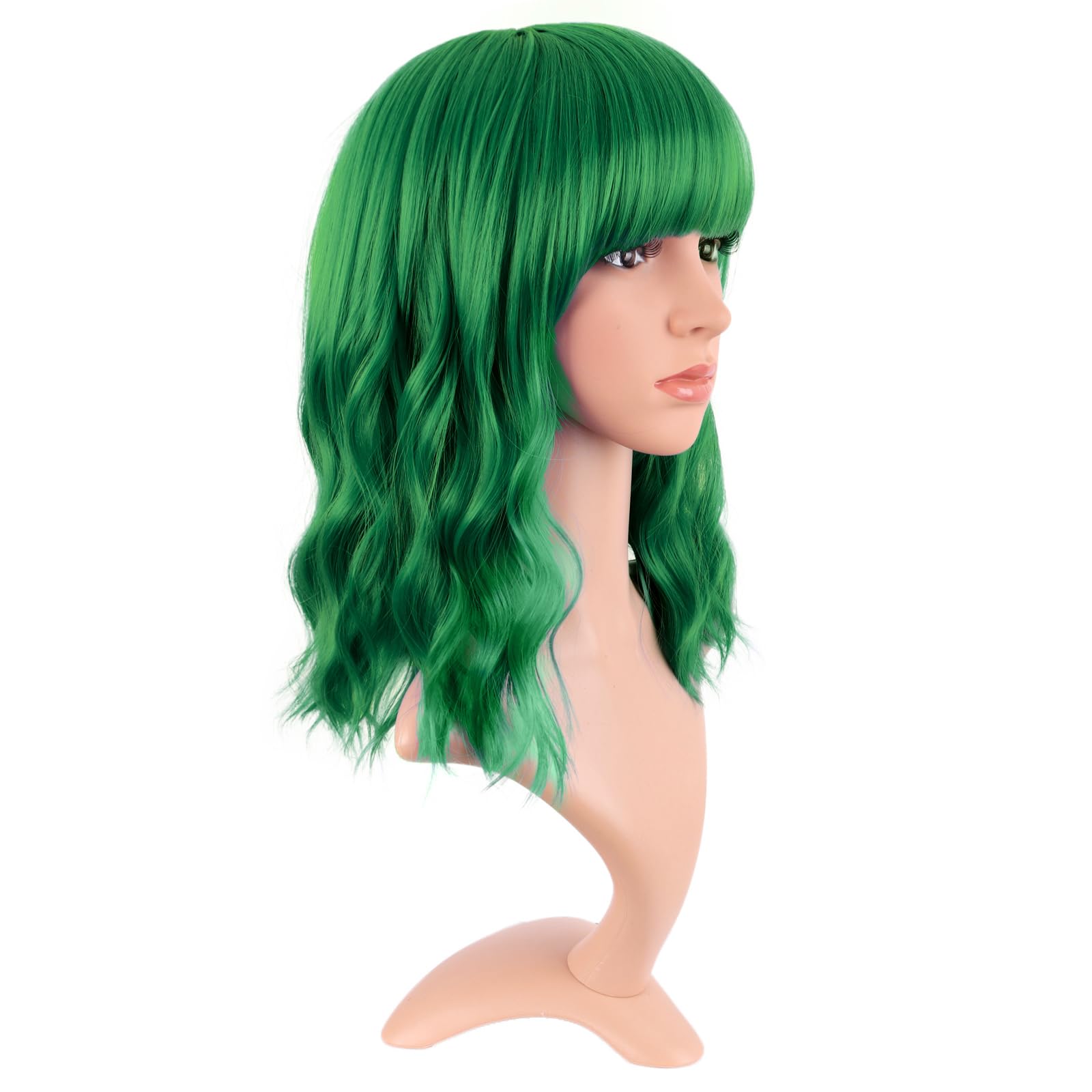 MapofBeauty 14 Inch Short Curly Women Flat Bangs Bob Wig, Black