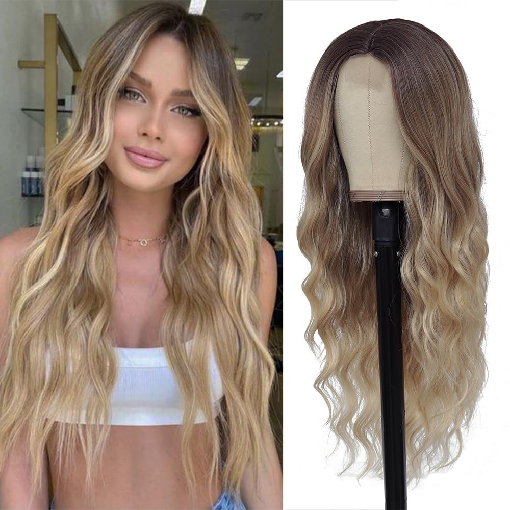 HMHIFI Blonde Wig for Women,26 Inch Long Wavy Curly Middle Part Hair