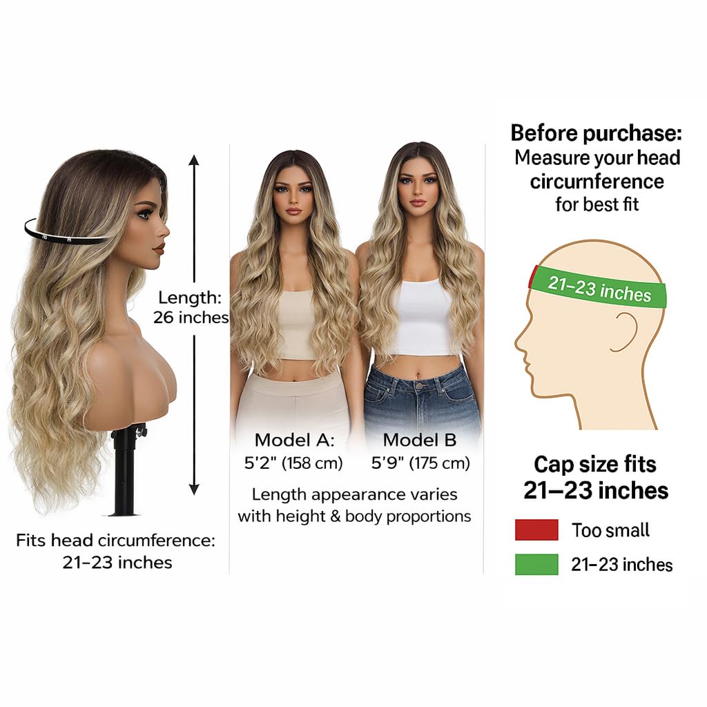HMHIFI Blonde Wig for Women,26 Inch Long Wavy Curly Middle Part Hair