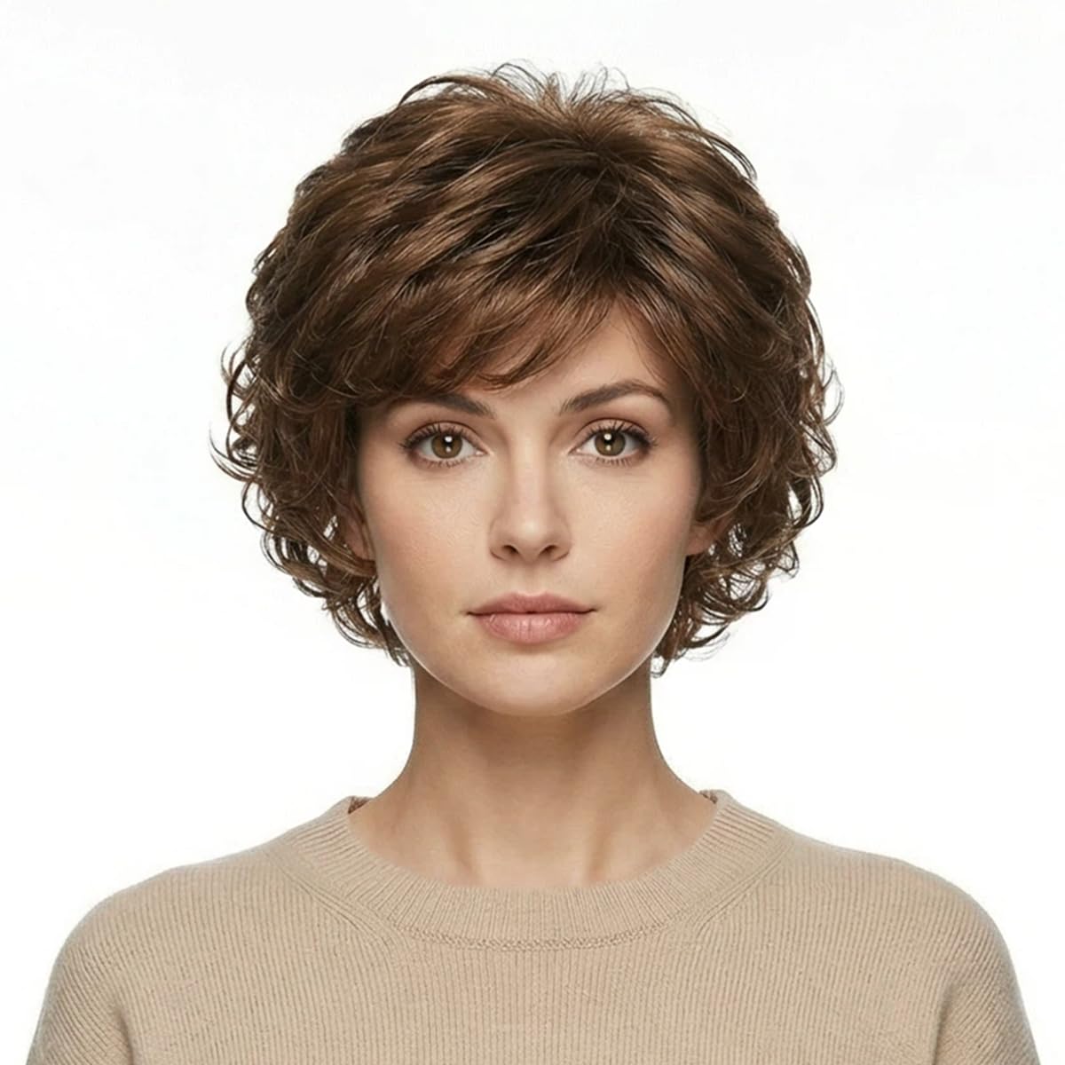 Short Wavy Brown Wigs for Women Fluffy Wavy Layered Wigs Synthetic Heat Resistant Halloween Cosplay Hair Wig with Wig Cap,Auburn Brown