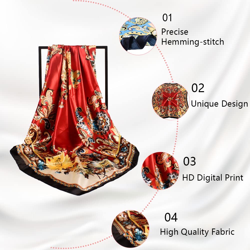 4Pcs Silk Head Scarves for Women Satin Hair Scarf 35”Large Square Bandana Silk Like Neck Scarf Shawl