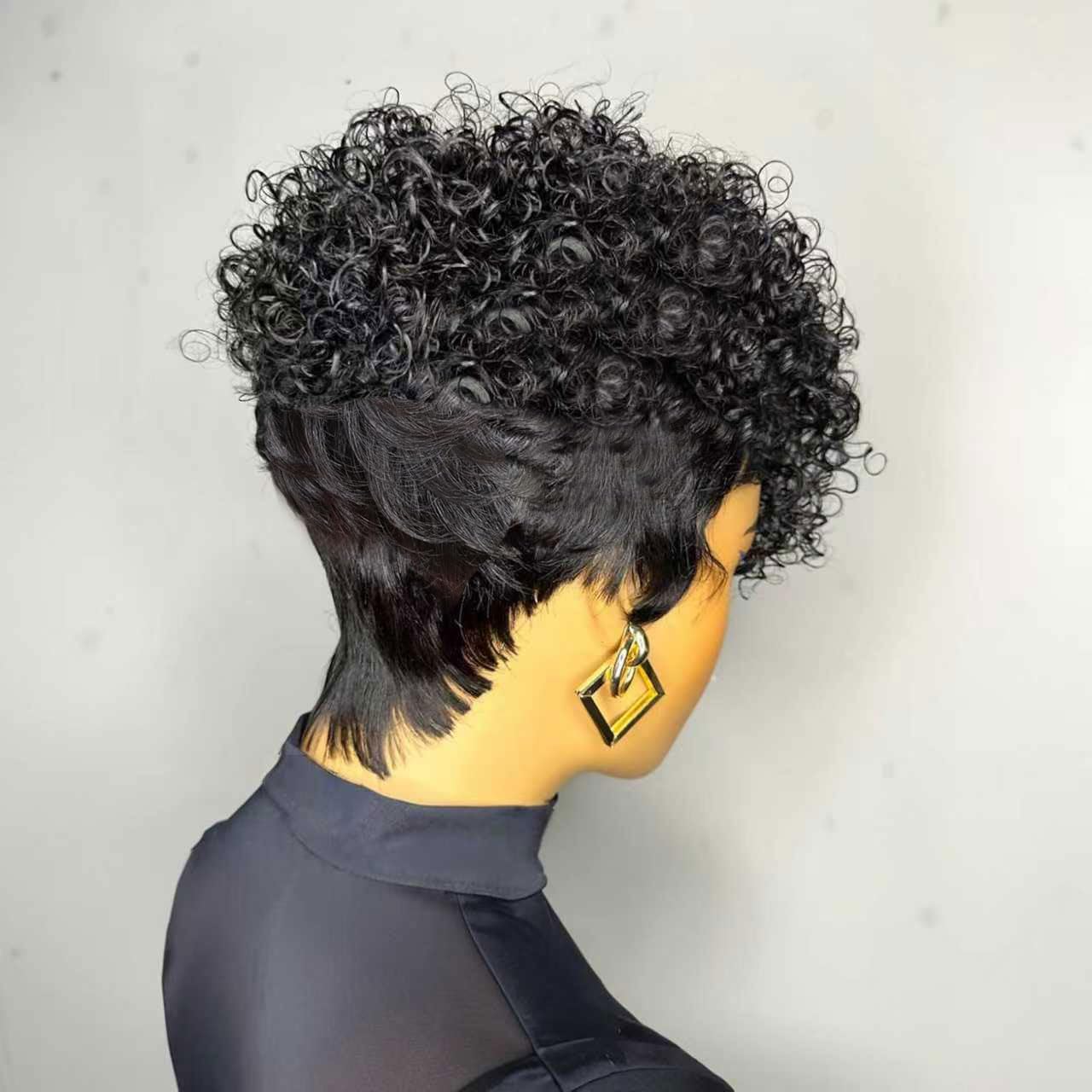 VRZ Pixie Cut Wigs for Black Women Brazilian Curly Pixie Cut Wig Human Hair Glueless Short Layered Wigs With Bangs Natural Black Color No Glue Human Hair Wig for Daily Use