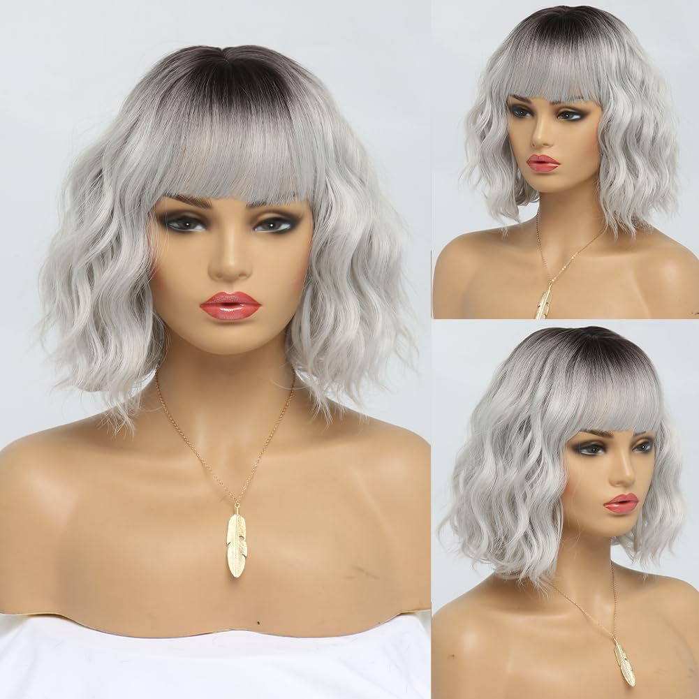 Short Auburn Wigs for Women Dark Ginger Wig with Bangs Wigs Natural Looking Curly Hair Medium Length Synthetic Bob Wig Wavy Colorful Wigs（14 Inches）