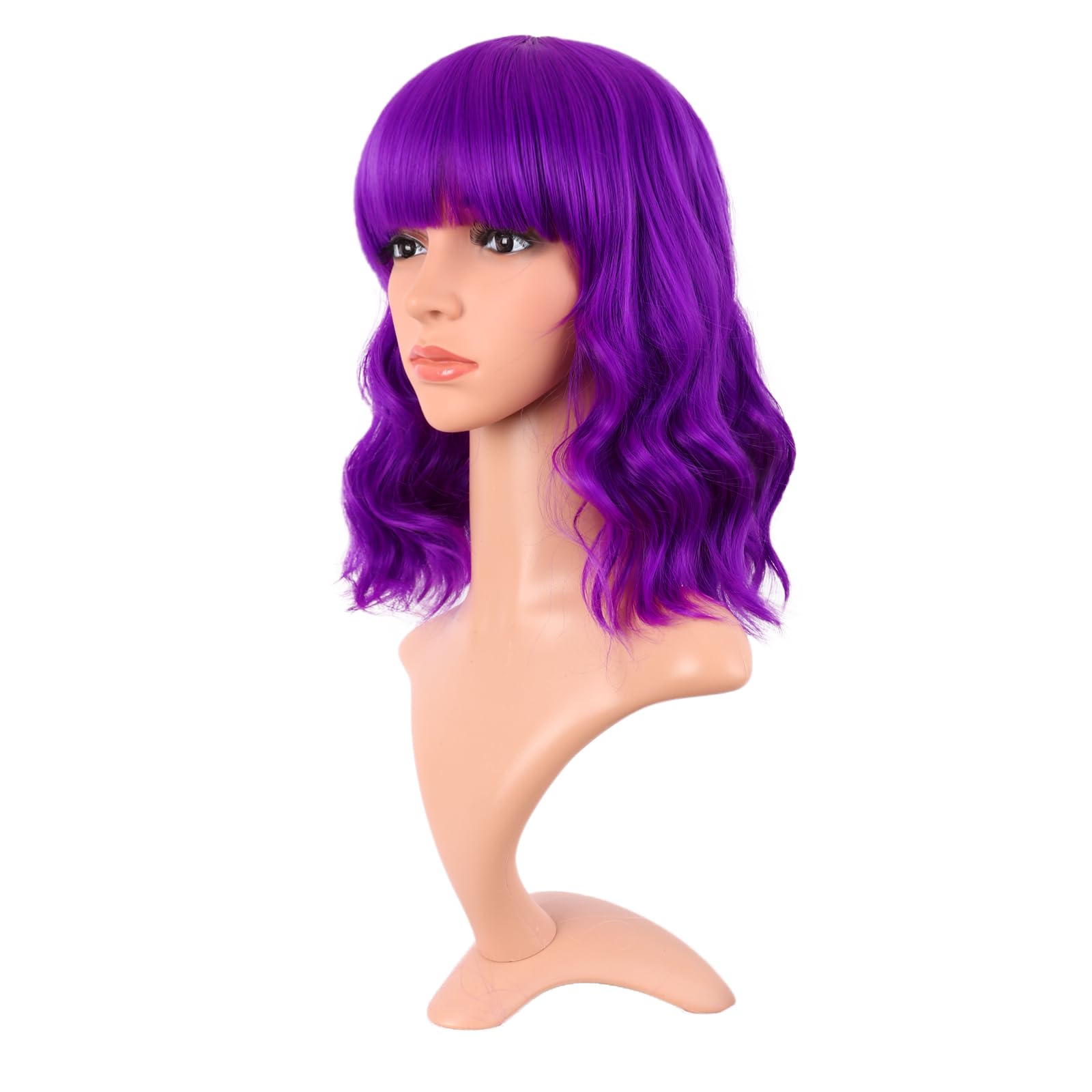 MapofBeauty 14 Inch Short Curly Women Flat Bangs Bob Wig, Black