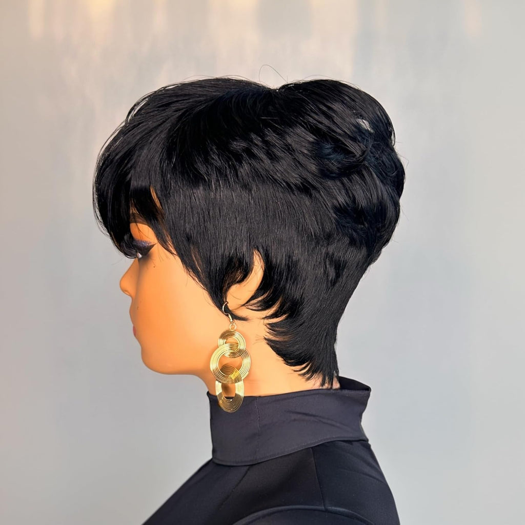 VRZ Pixie Cut Wigs for Black Women Brazilian Curly Pixie Cut Wig Human Hair Glueless Short Layered Wigs With Bangs Natural Black Color No Glue Human Hair Wig for Daily Use