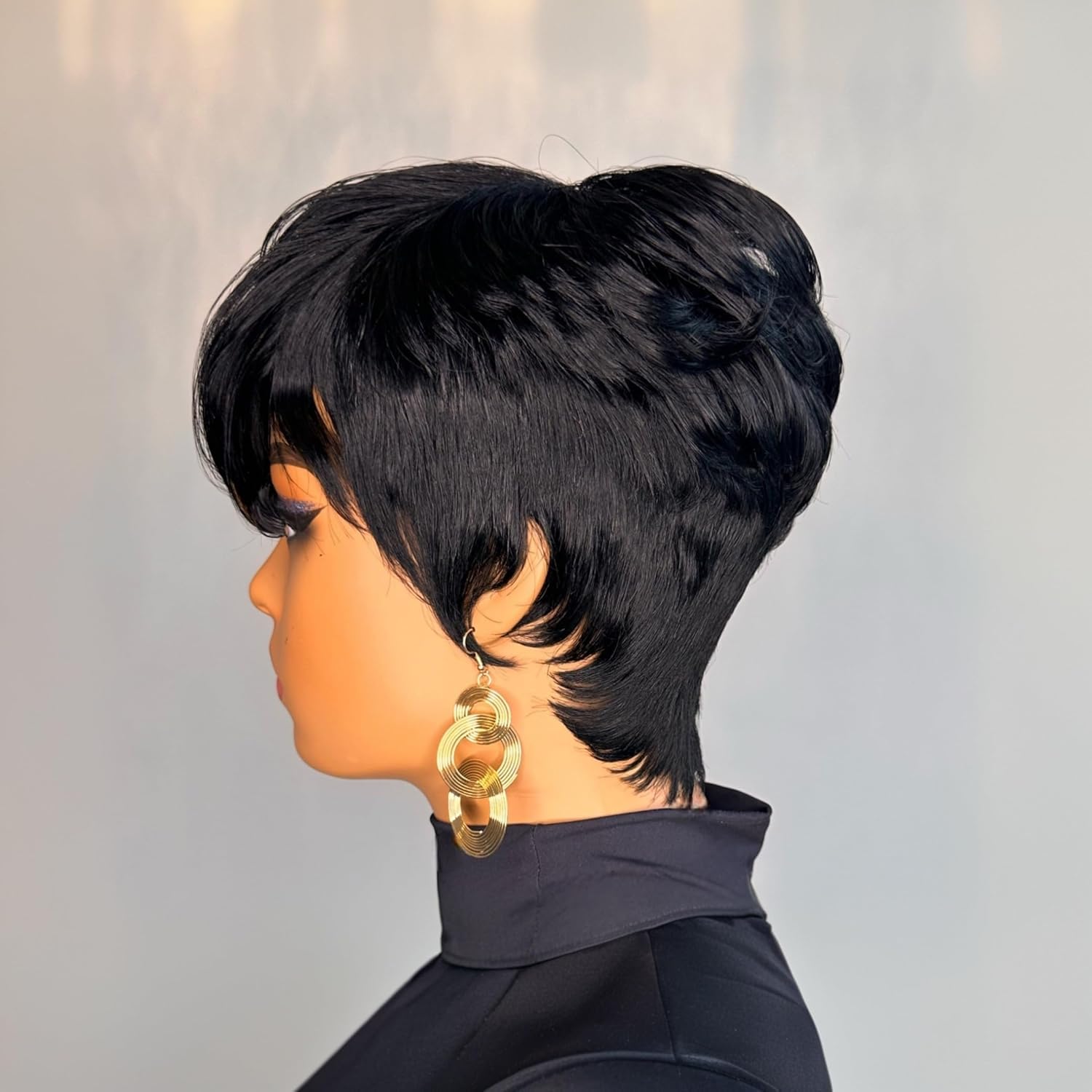 VRZ Pixie Cut Wigs for Black Women Brazilian Curly Pixie Cut Wig Human Hair Glueless Short Layered Wigs With Bangs Natural Black Color No Glue Human Hair Wig for Daily Use