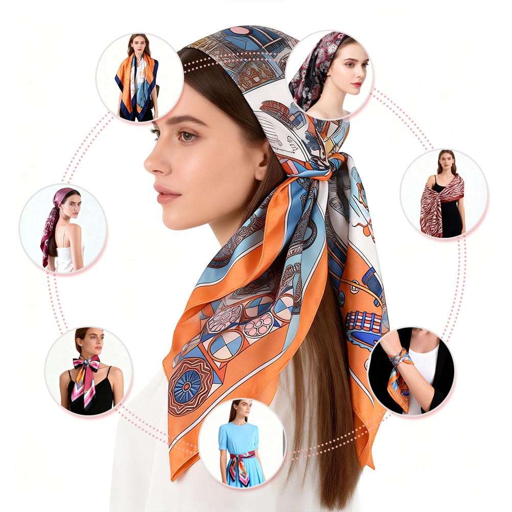 4Pcs Silk Head Scarves for Women Satin Hair Scarf 35”Large Square Bandana Silk Like Neck Scarf Shawl
