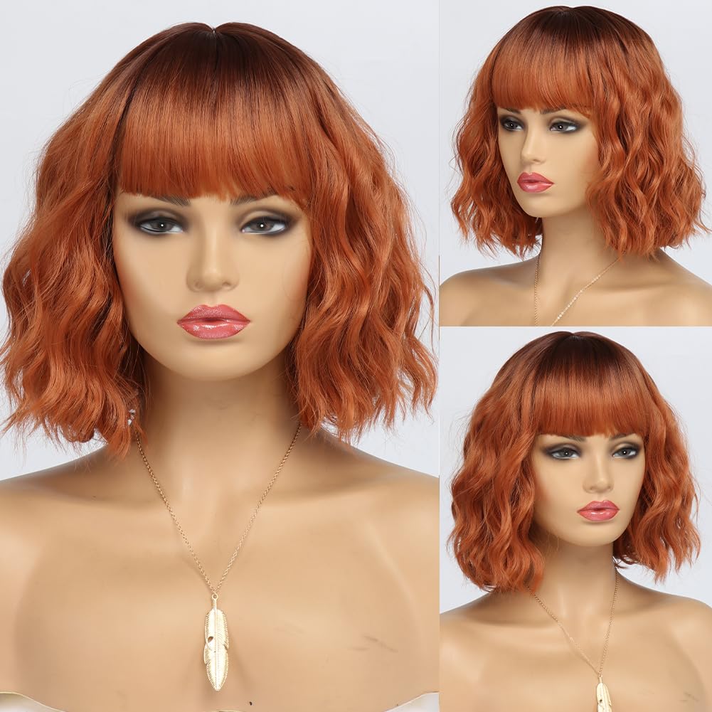 Short Auburn Wigs for Women Dark Ginger Wig with Bangs Wigs Natural Looking Curly Hair Medium Length Synthetic Bob Wig Wavy Colorful Wigs（14 Inches）