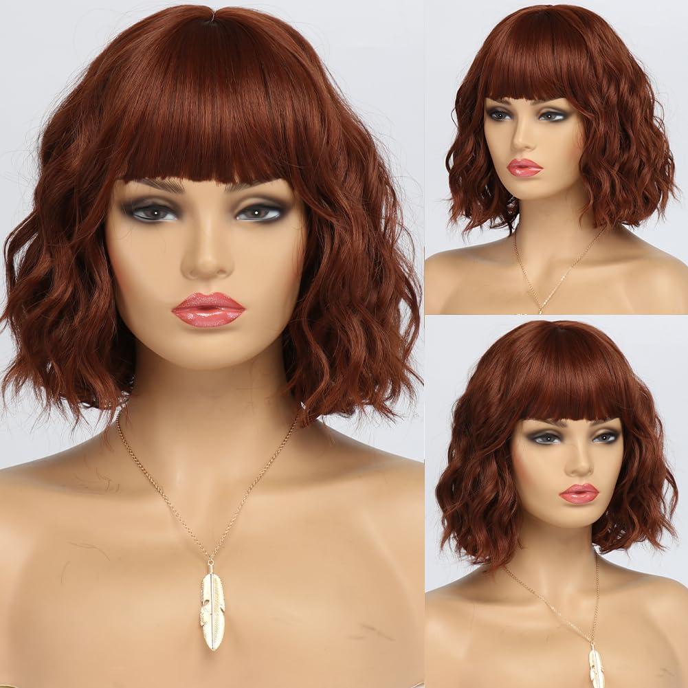 Short Auburn Wigs for Women Dark Ginger Wig with Bangs Wigs Natural Looking Curly Hair Medium Length Synthetic Bob Wig Wavy Colorful Wigs（14 Inches）