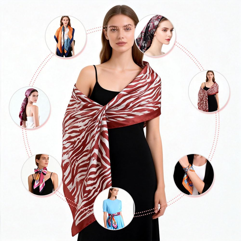 4Pcs Silk Head Scarves for Women Satin Hair Scarf 35”Large Square Bandana Silk Like Neck Scarf Shawl