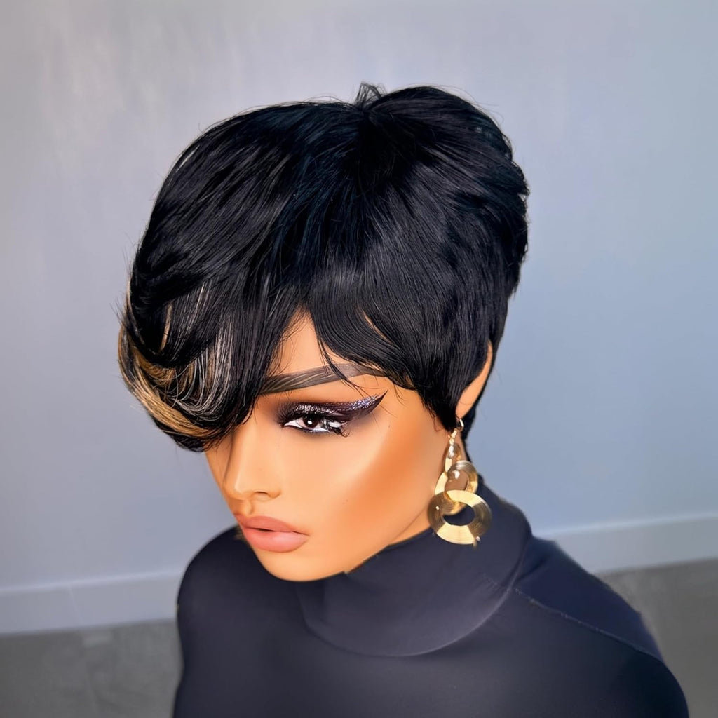 VRZ Pixie Cut Wigs for Black Women Brazilian Curly Pixie Cut Wig Human Hair Glueless Short Layered Wigs With Bangs Natural Black Color No Glue Human Hair Wig for Daily Use