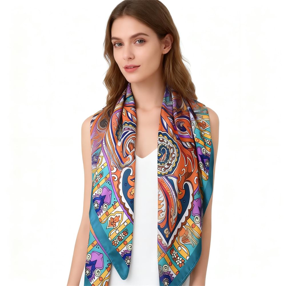 4Pcs Silk Head Scarves for Women Satin Hair Scarf 35”Large Square Bandana Silk Like Neck Scarf Shawl