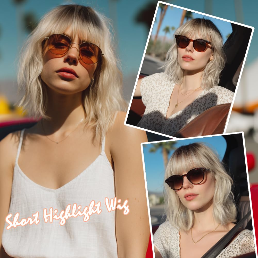 Short Auburn Wigs for Women Dark Ginger Wig with Bangs Wigs Natural Looking Curly Hair Medium Length Synthetic Bob Wig Wavy Colorful Wigs（14 Inches）