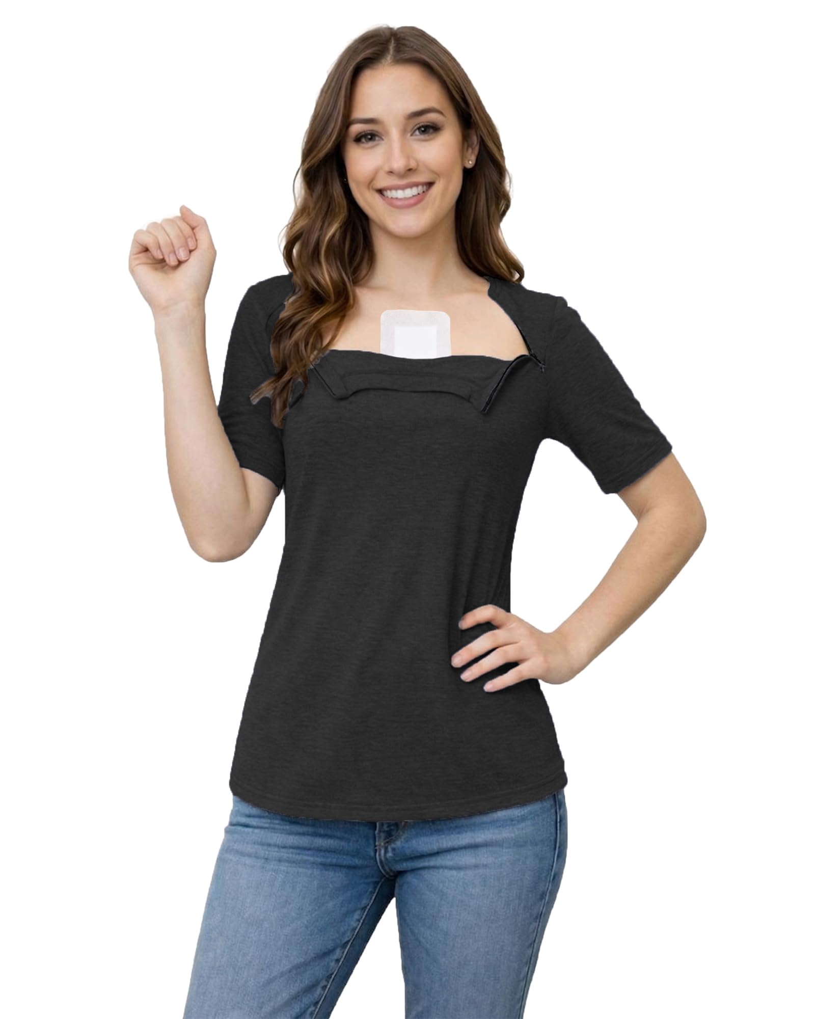 Youdiao Chemo Shirts for Port Access Women Post Shoulder Surgery Shirts with 2 Hidden Side Zippers Short Sleeve Tear Away Top
