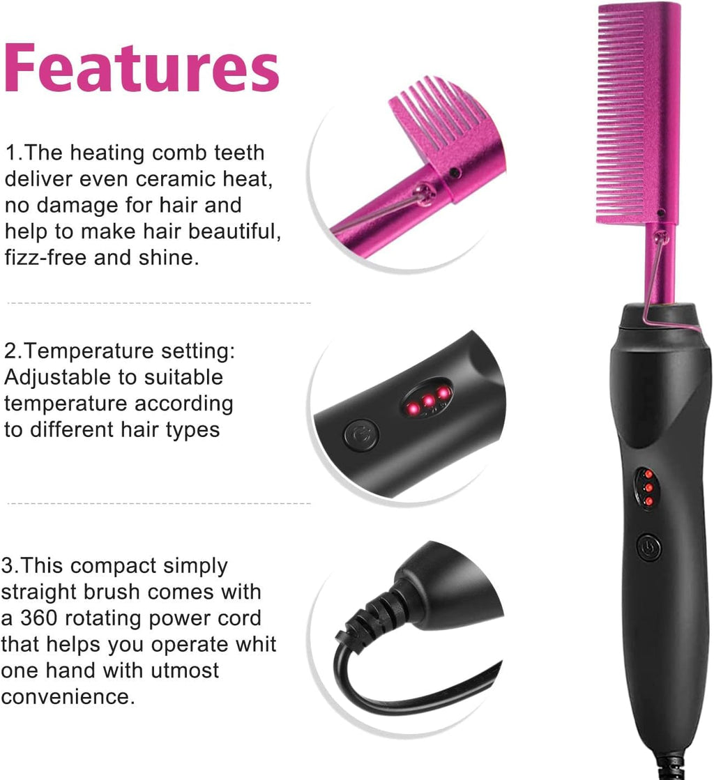 Electric Hot Comb Hair Straightener, Deluxe Electrical Straightening Comb Curling Iron for Natural Black Wigs, Hot Comb Electric for Wigs Pressing Combs with Wig Glue Melting Spray Hair Wax Stick