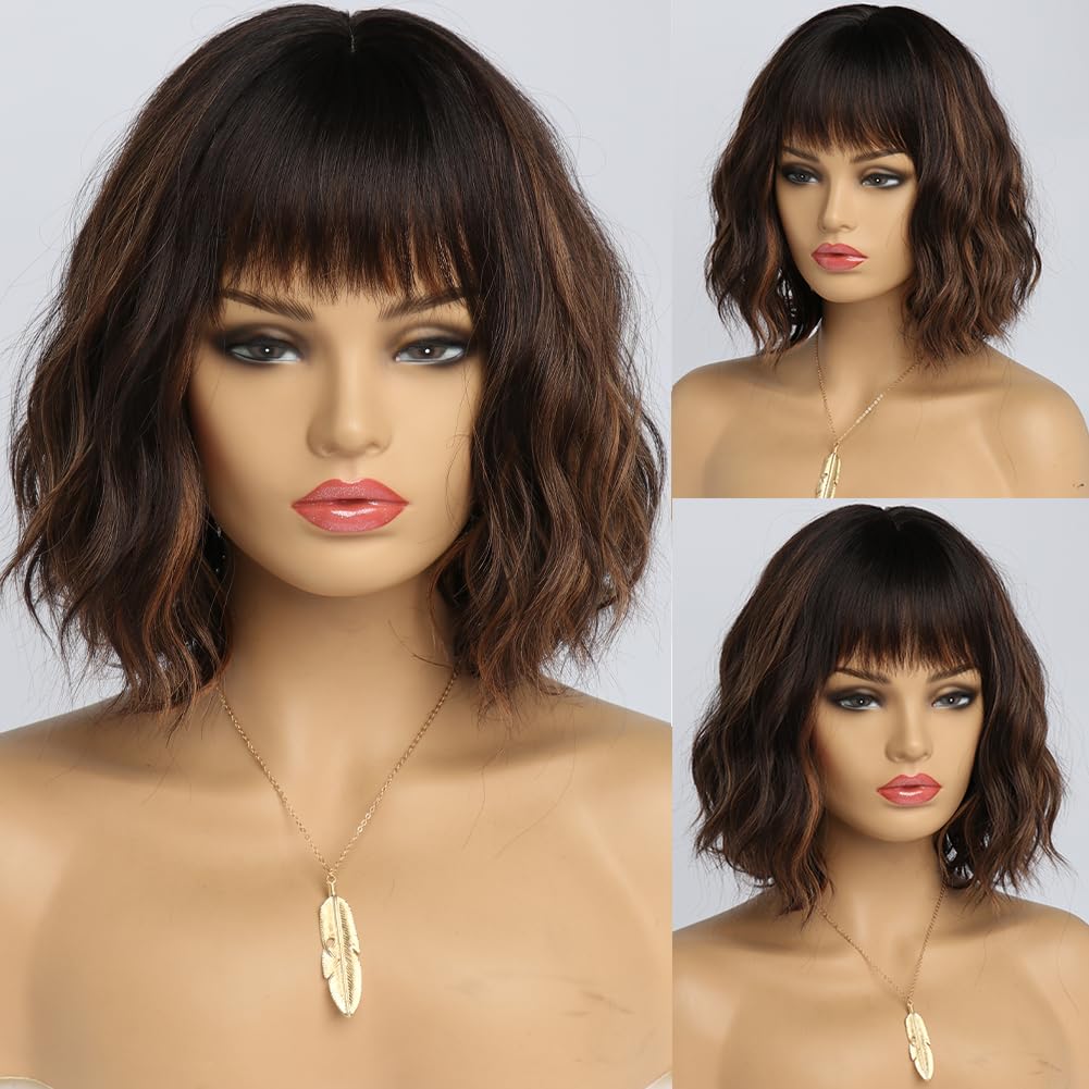 Short Auburn Wigs for Women Dark Ginger Wig with Bangs Wigs Natural Looking Curly Hair Medium Length Synthetic Bob Wig Wavy Colorful Wigs（14 Inches）