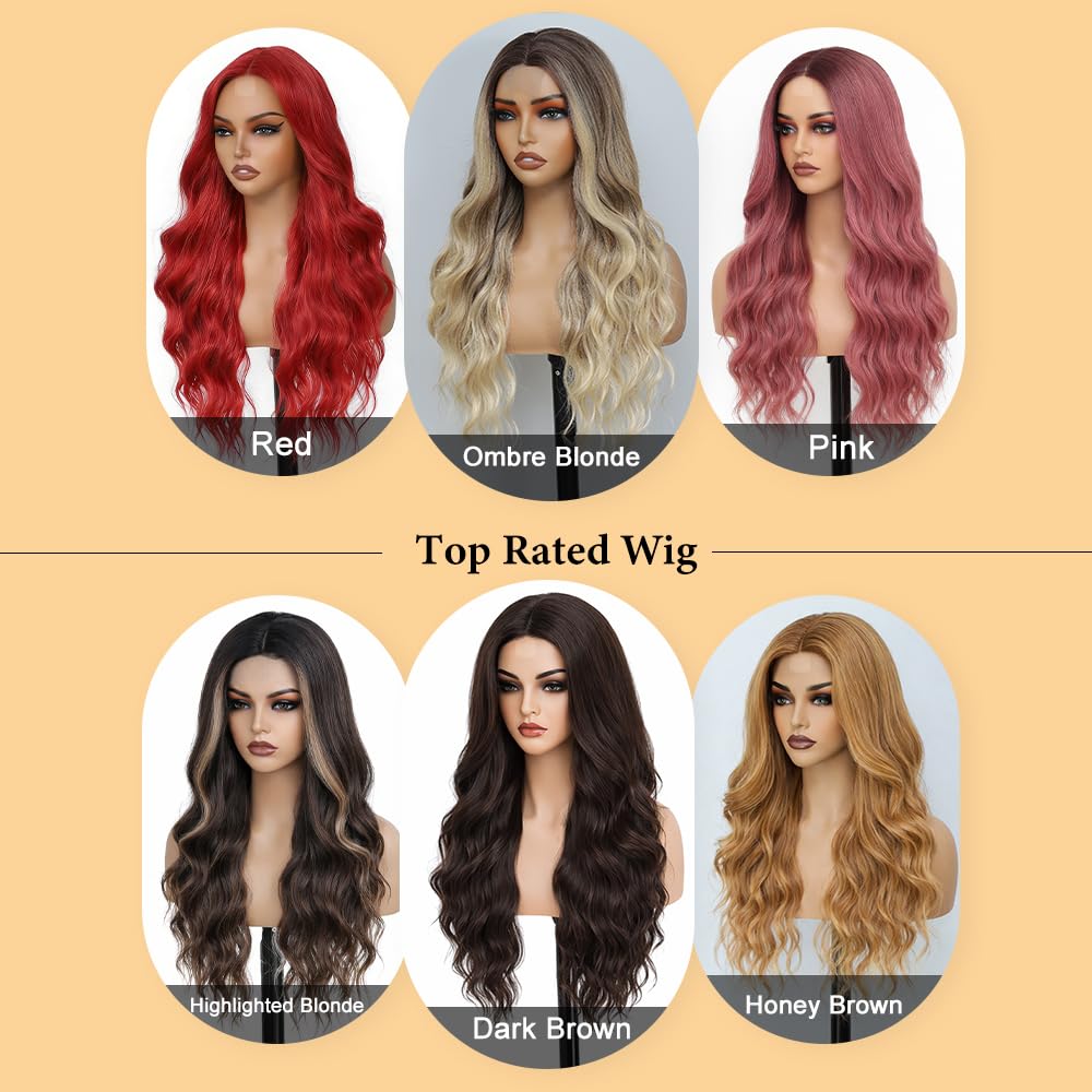 HMHIFI Blonde Wig for Women,26 Inch Long Wavy Curly Middle Part Hair