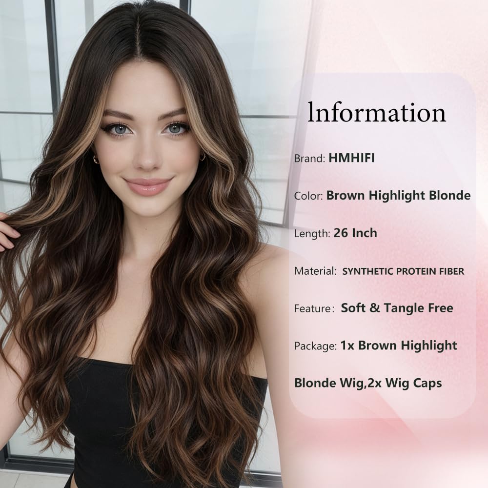 HMHIFI Blonde Wig for Women,26 Inch Long Wavy Curly Middle Part Hair