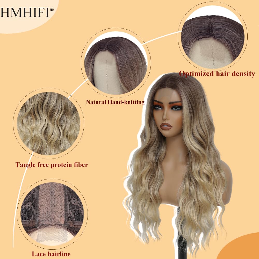 HMHIFI Blonde Wig for Women,26 Inch Long Wavy Curly Middle Part Hair