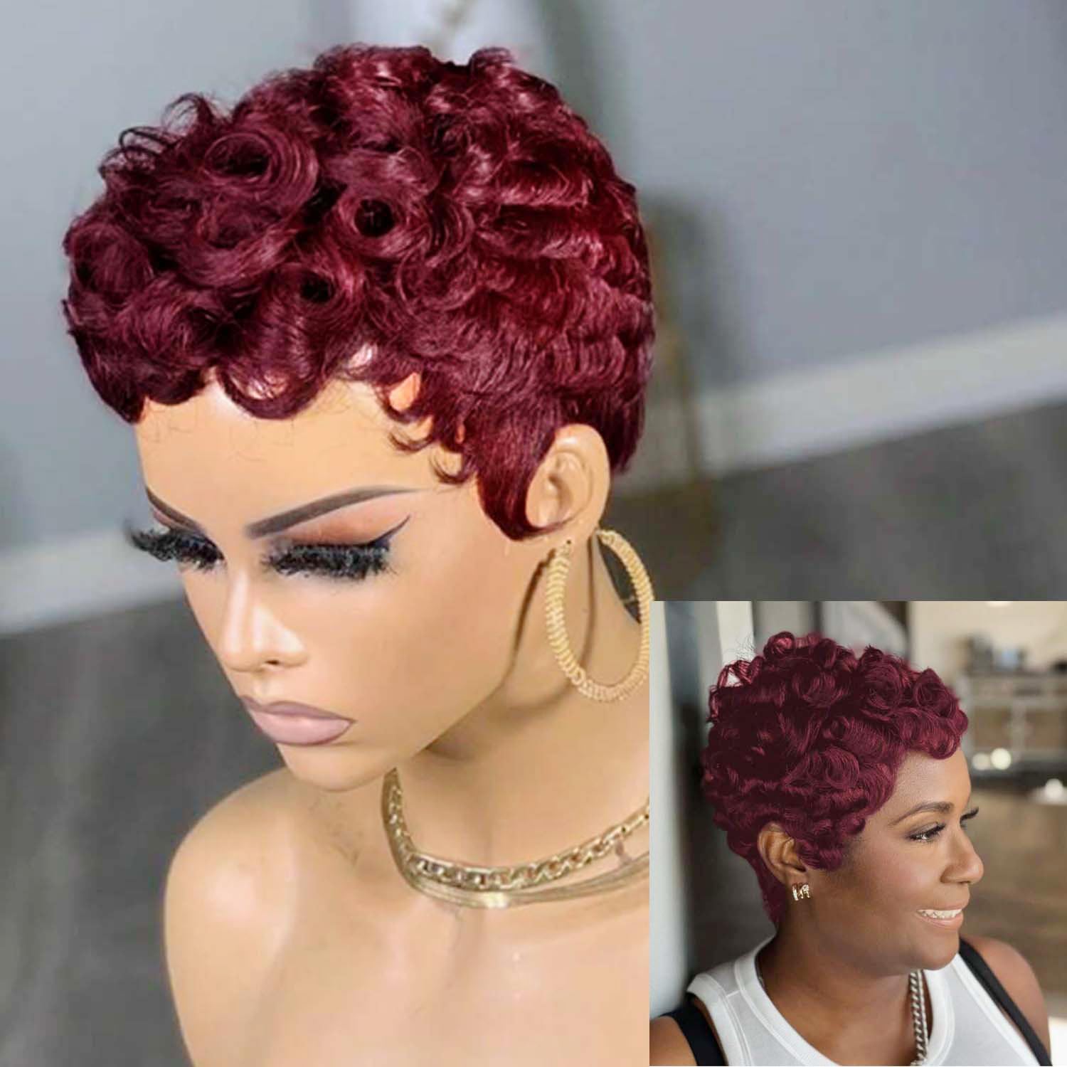 VRZ Pixie Cut Wigs for Black Women Brazilian Curly Pixie Cut Wig Human Hair Glueless Short Layered Wigs With Bangs Natural Black Color No Glue Human Hair Wig for Daily Use