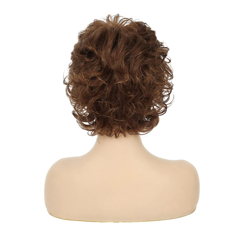 Short Wavy Brown Wigs for Women Fluffy Wavy Layered Wigs Synthetic Heat Resistant Halloween Cosplay Hair Wig with Wig Cap,Auburn Brown