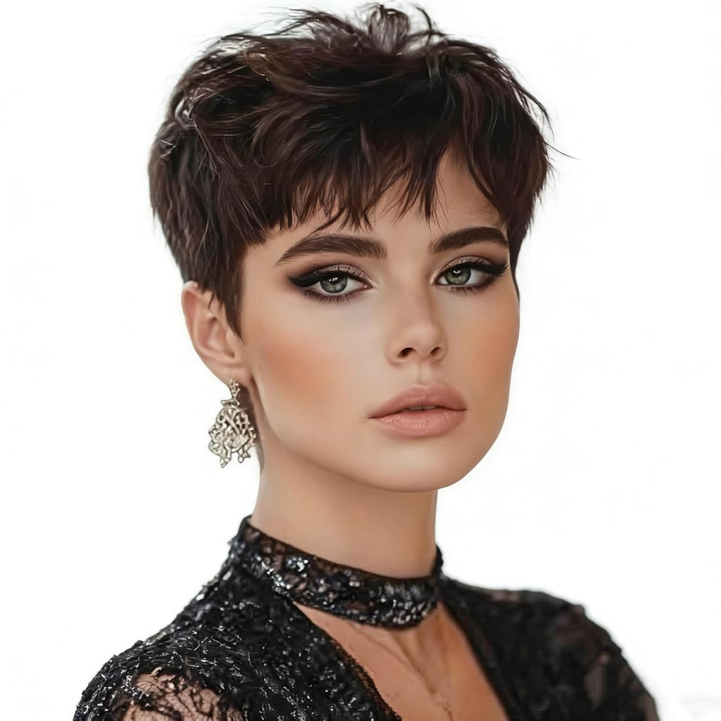Women Short Pixie Cut Wig Synthetic Layered Cosplay Hair,Brown