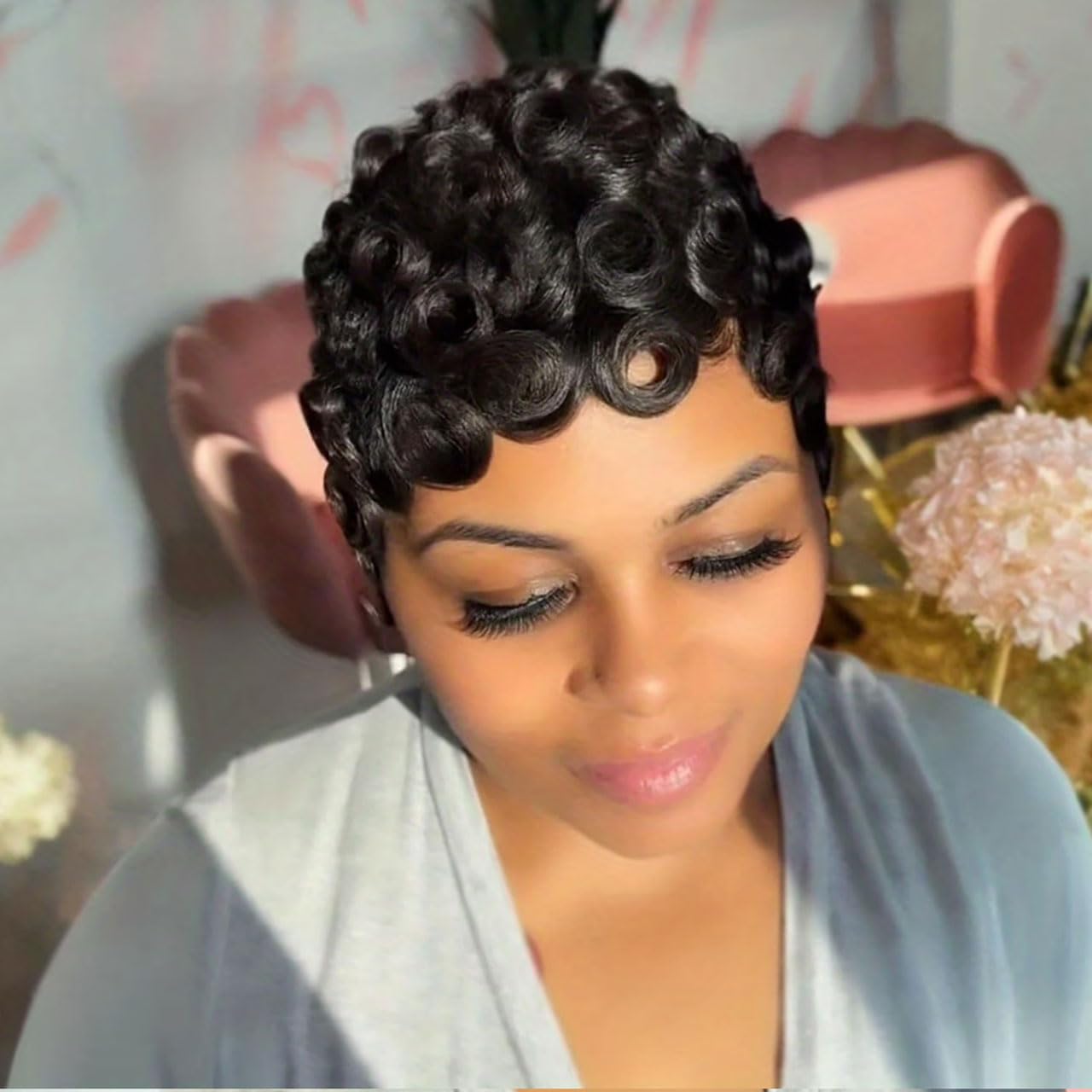 VRZ Pixie Cut Wigs for Black Women Brazilian Curly Pixie Cut Wig Human Hair Glueless Short Layered Wigs With Bangs Natural Black Color No Glue Human Hair Wig for Daily Use