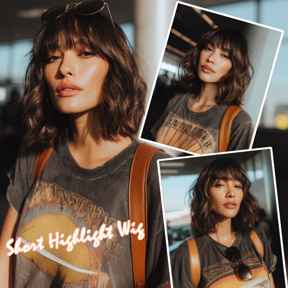 Short Auburn Wigs for Women Dark Ginger Wig with Bangs Wigs Natural Looking Curly Hair Medium Length Synthetic Bob Wig Wavy Colorful Wigs（14 Inches）
