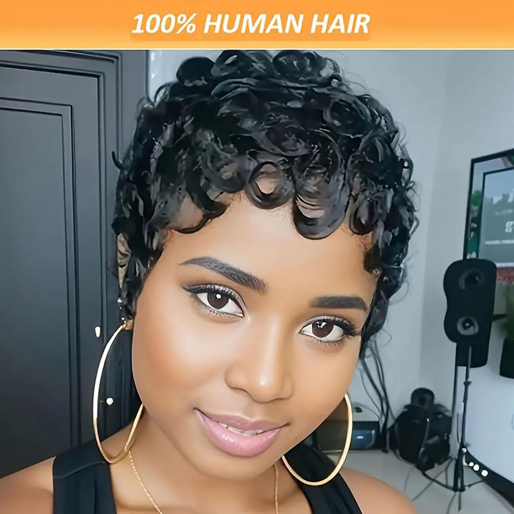 VRZ Pixie Cut Wigs for Black Women Brazilian Curly Pixie Cut Wig Human Hair Glueless Short Layered Wigs With Bangs Natural Black Color No Glue Human Hair Wig for Daily Use