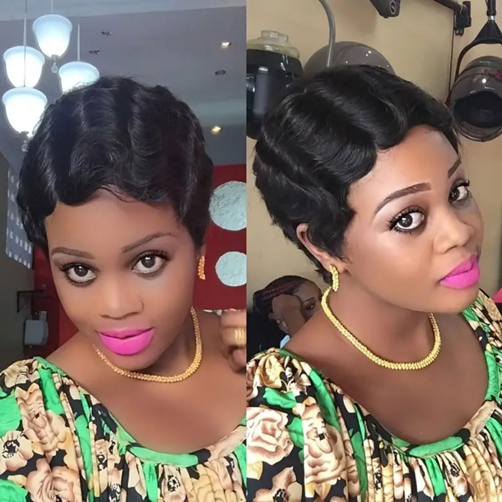 VRZ Pixie Cut Wigs for Black Women Brazilian Curly Pixie Cut Wig Human Hair Glueless Short Layered Wigs With Bangs Natural Black Color No Glue Human Hair Wig for Daily Use