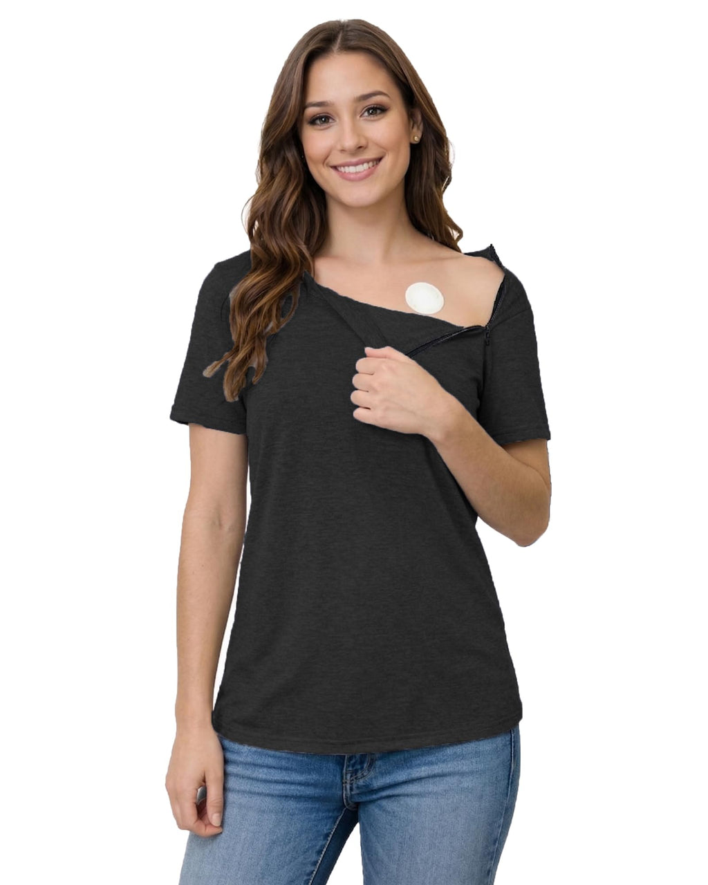 Youdiao Chemo Shirts for Port Access Women Post Shoulder Surgery Shirts with 2 Hidden Side Zippers Short Sleeve Tear Away Top