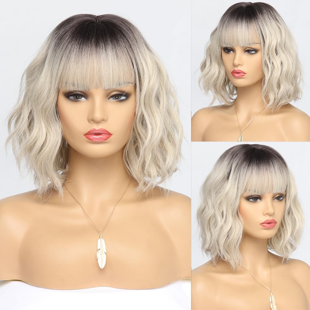 Short Auburn Wigs for Women Dark Ginger Wig with Bangs Wigs Natural Looking Curly Hair Medium Length Synthetic Bob Wig Wavy Colorful Wigs（14 Inches）