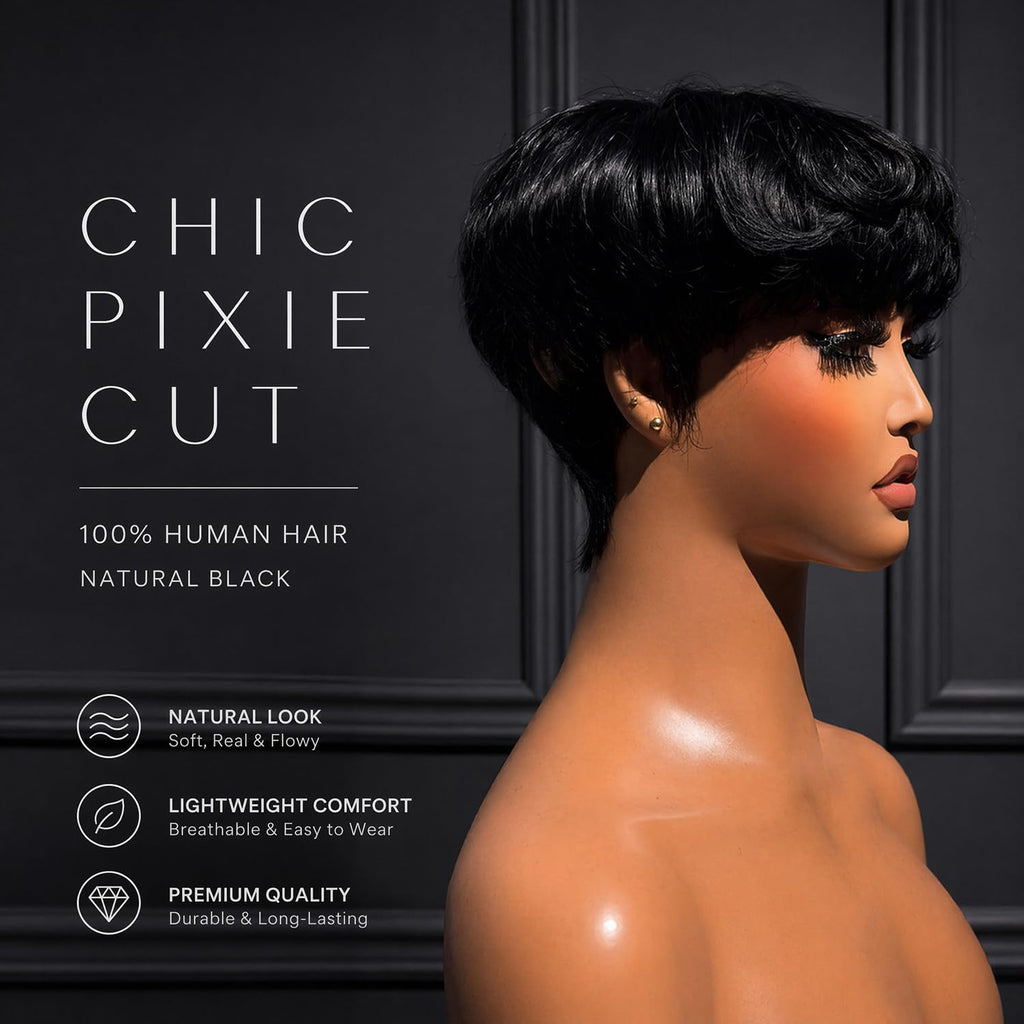 VRZ Pixie Cut Wigs for Black Women Brazilian Curly Pixie Cut Wig Human Hair Glueless Short Layered Wigs With Bangs Natural Black Color No Glue Human Hair Wig for Daily Use