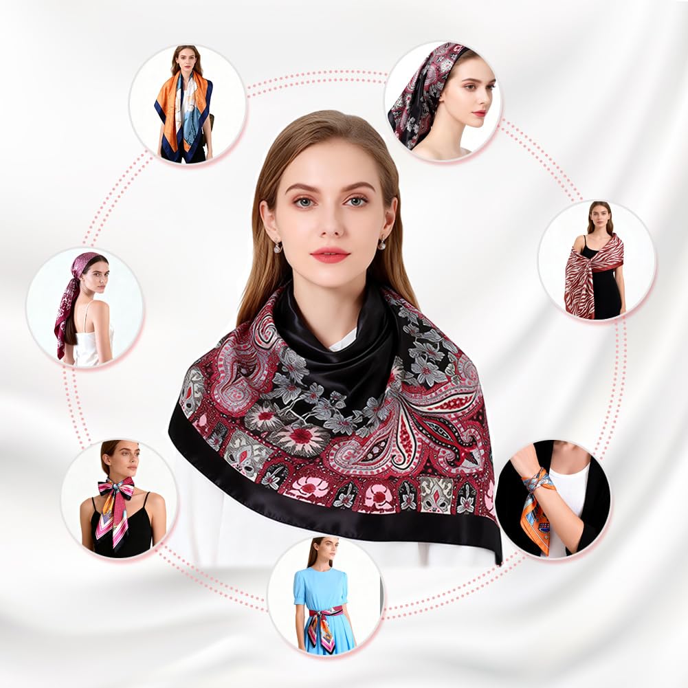 4Pcs Silk Head Scarves for Women Satin Hair Scarf 35”Large Square Bandana Silk Like Neck Scarf Shawl