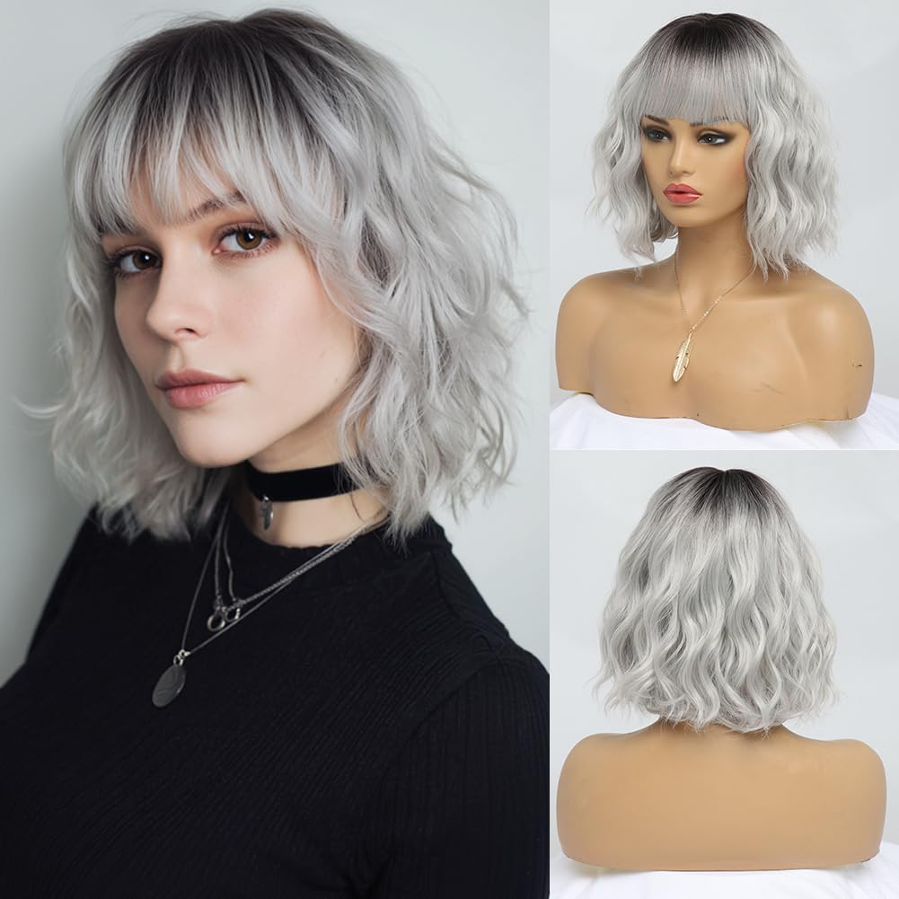 Short Auburn Wigs for Women Dark Ginger Wig with Bangs Wigs Natural Looking Curly Hair Medium Length Synthetic Bob Wig Wavy Colorful Wigs（14 Inches）